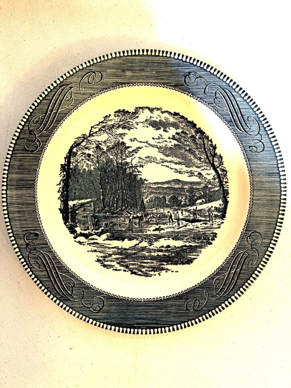 Vintage Currier Ives Blue & White Scenic Transferware Platter Farm Harvest Lands